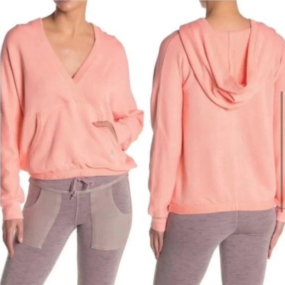 FREE PEOPLE Movement Reyes French Terrycloth Pink V Neck Valentines Day Sweater - Picture 1 of 13